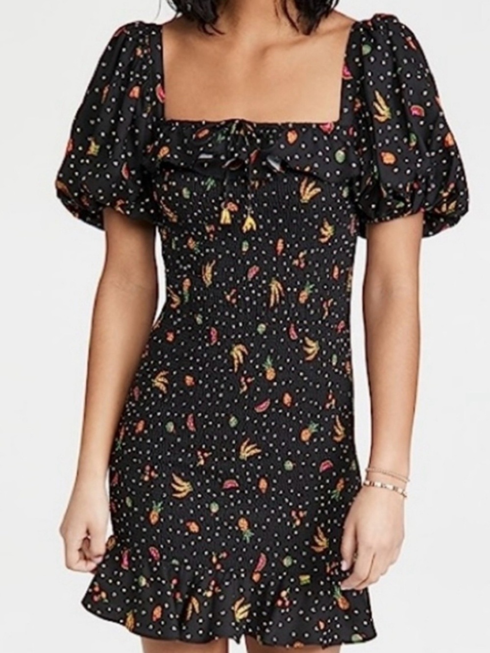FARM Rio Black Puff-Sleeve Mini Dress with Multicolor Fruit Print